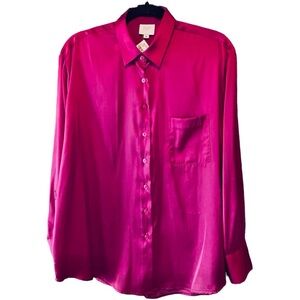 NWT SEN Hot Pink shiny silky button up blouse, pink buttons, pocket, cuffs. SzM